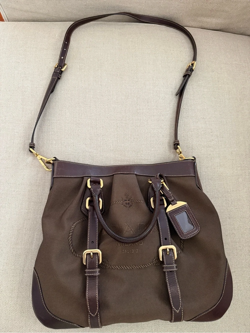 Prada Brown Canvas and Dark Brown Leather Crossbody Tote with Gold Hardware